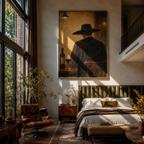 Wine Bottle Keeps Company - cowboy wine bar painting by Marcus Lau, retro modern vertical wall art – styled room scene view 4