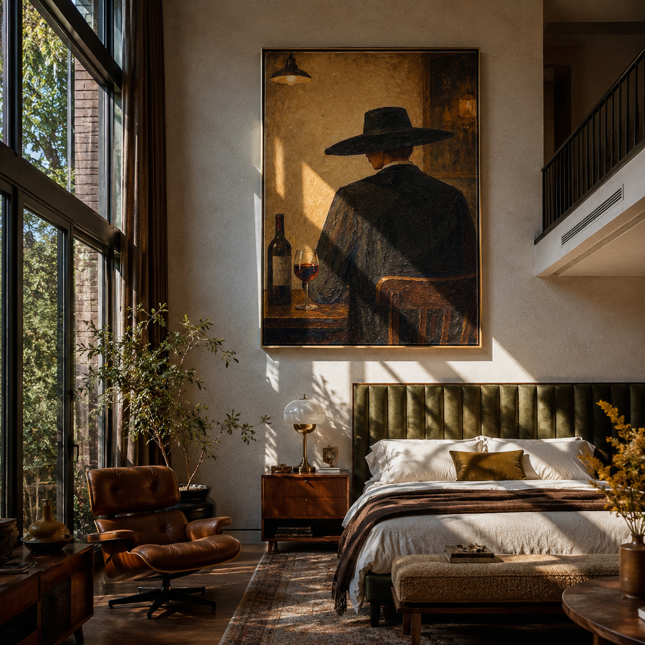 Wine Bottle Keeps Company - cowboy wine bar painting by Marcus Lau, retro modern vertical wall art – styled room scene view 4