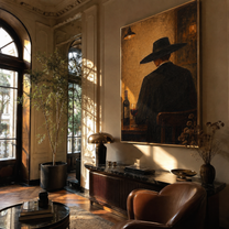 Wine Bottle Keeps Company - cowboy wine bar painting by Marcus Lau, retro modern vertical wall art – styled room scene view 5