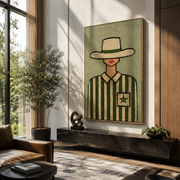 Green Stripes Hold Star - cowgirl striped portrait painting by Marcus Lau, retro modern vertical wall art – styled room scene view 1