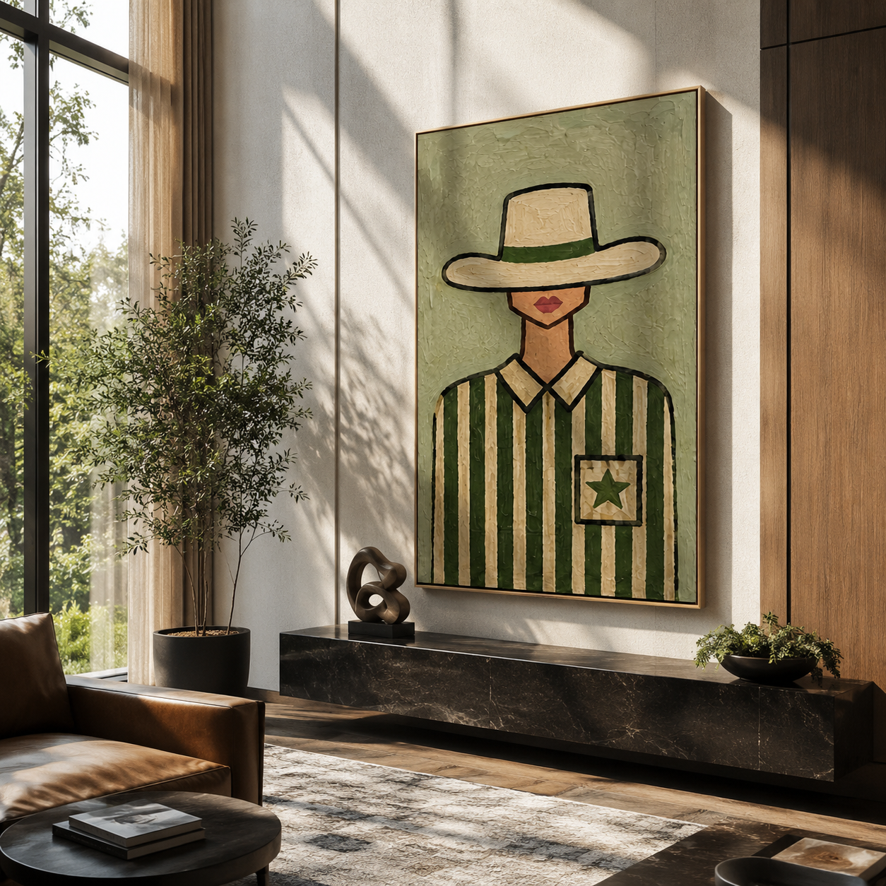 Green Stripes Hold Star - cowgirl striped portrait painting by Marcus Lau, retro modern vertical wall art – styled room scene view 1