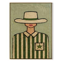 Green Stripes Hold Star - cowgirl striped portrait painting by Marcus Lau, retro modern vertical wall art – wood frame on white background