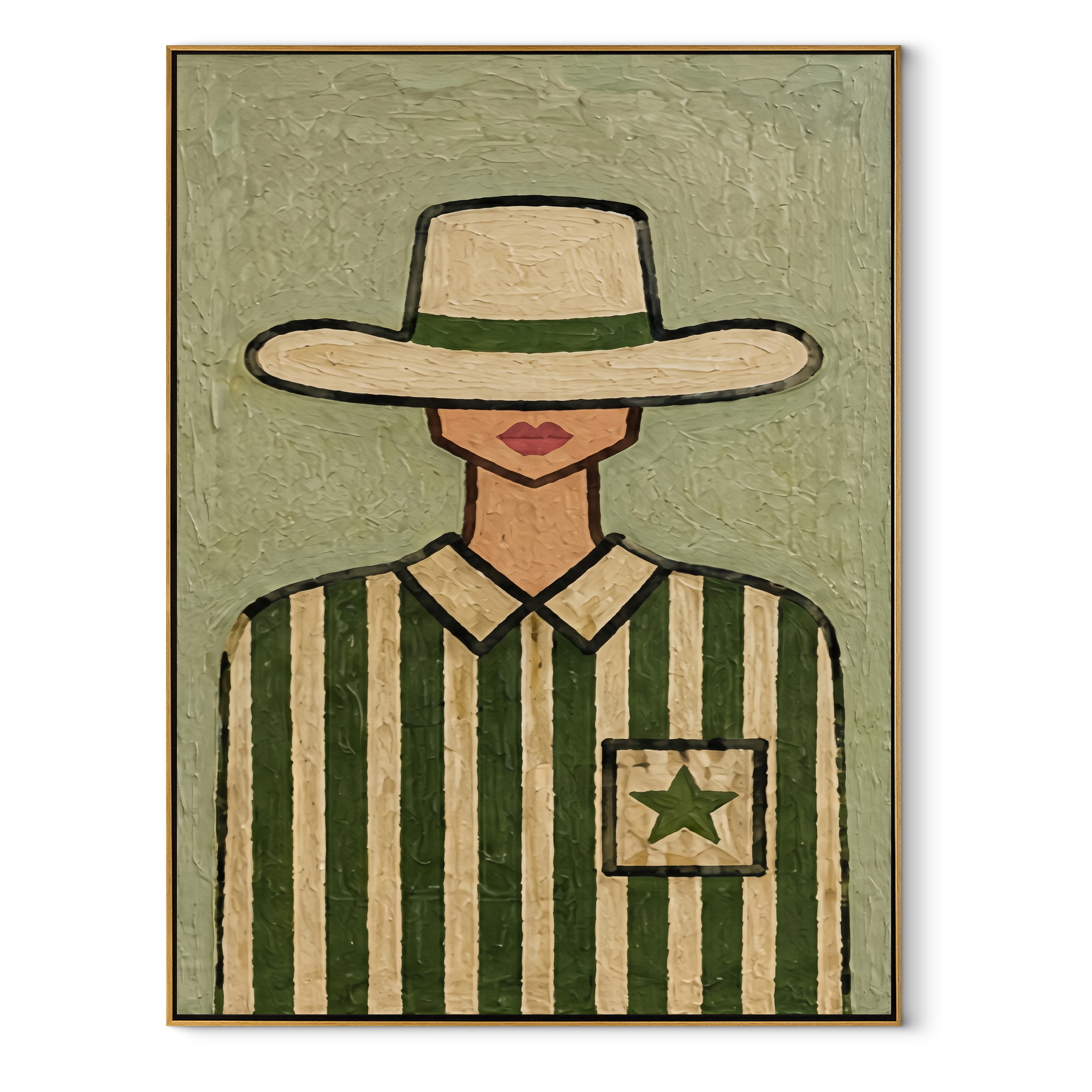 Green Stripes Hold Star - cowgirl striped portrait painting by Marcus Lau, retro modern vertical wall art – wood frame on white background
