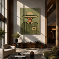 Green Stripes Hold Star - cowgirl striped portrait painting by Marcus Lau, retro modern vertical wall art – styled room scene view 2