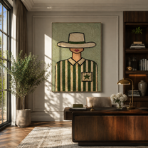 Green Stripes Hold Star - cowgirl striped portrait painting by Marcus Lau, retro modern vertical wall art – styled room scene view 3