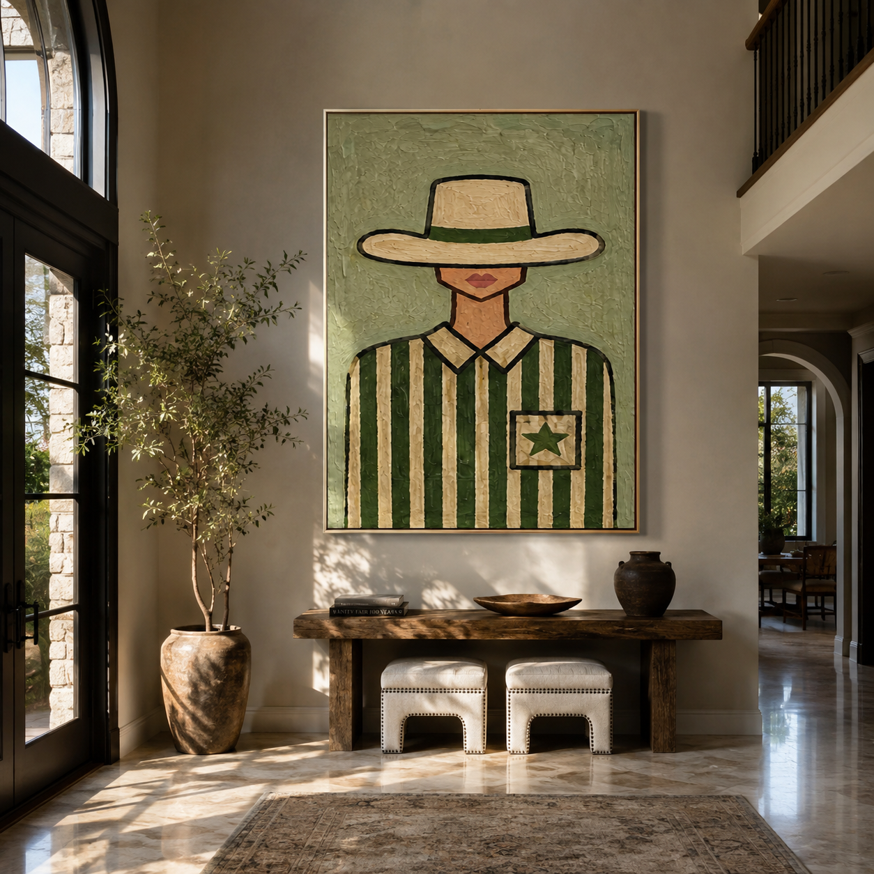 Green Stripes Hold Star - cowgirl striped portrait painting by Marcus Lau, retro modern vertical wall art – styled room scene view 4