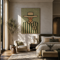 Green Stripes Hold Star - cowgirl striped portrait painting by Marcus Lau, retro modern vertical wall art – styled room scene view 5