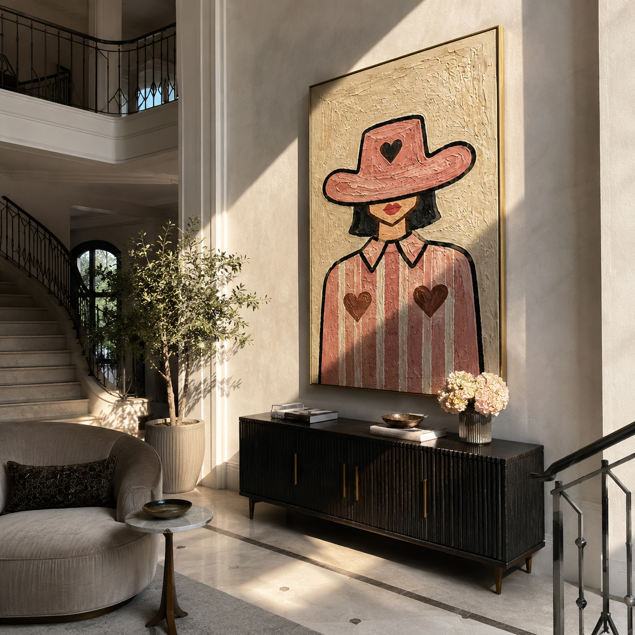 Three Hearts Wear Rose - cowgirl heart portrait painting by Marcus Lau, retro modern vertical wall art – styled room scene view 1