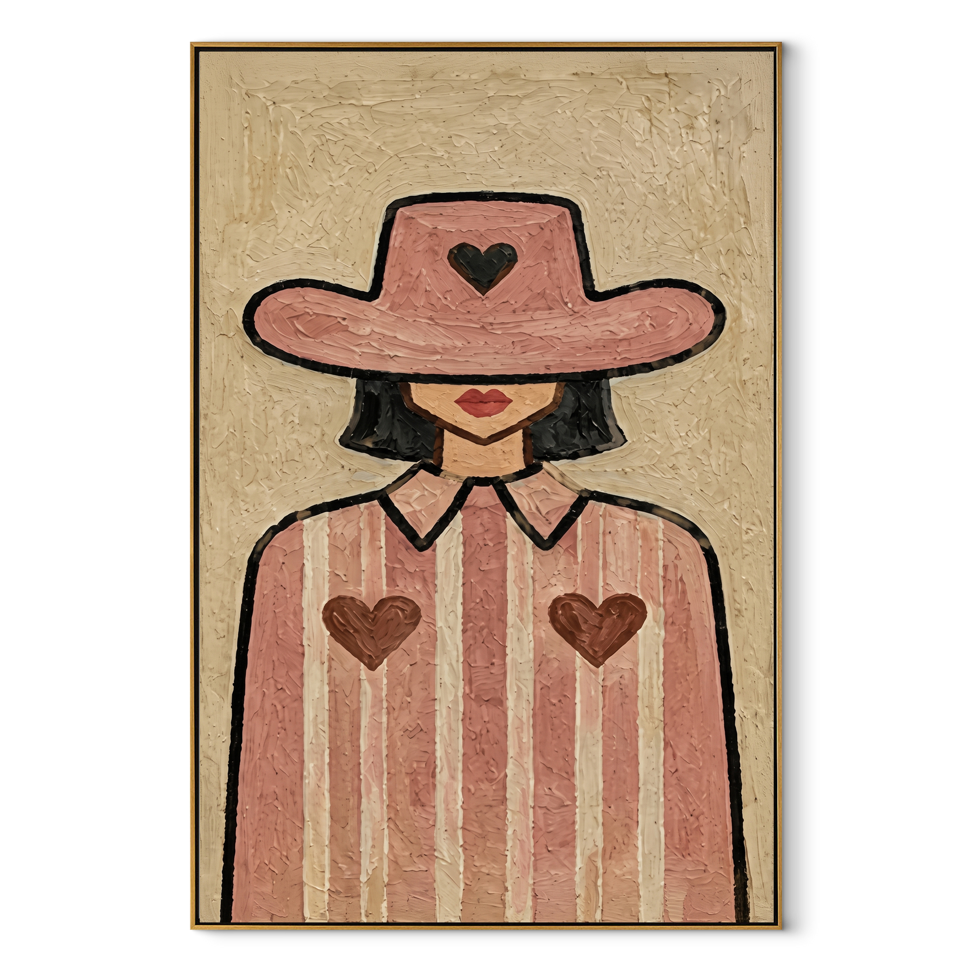 Three Hearts Wear Rose - cowgirl heart portrait painting by Marcus Lau, retro modern vertical wall art – wood frame on white background