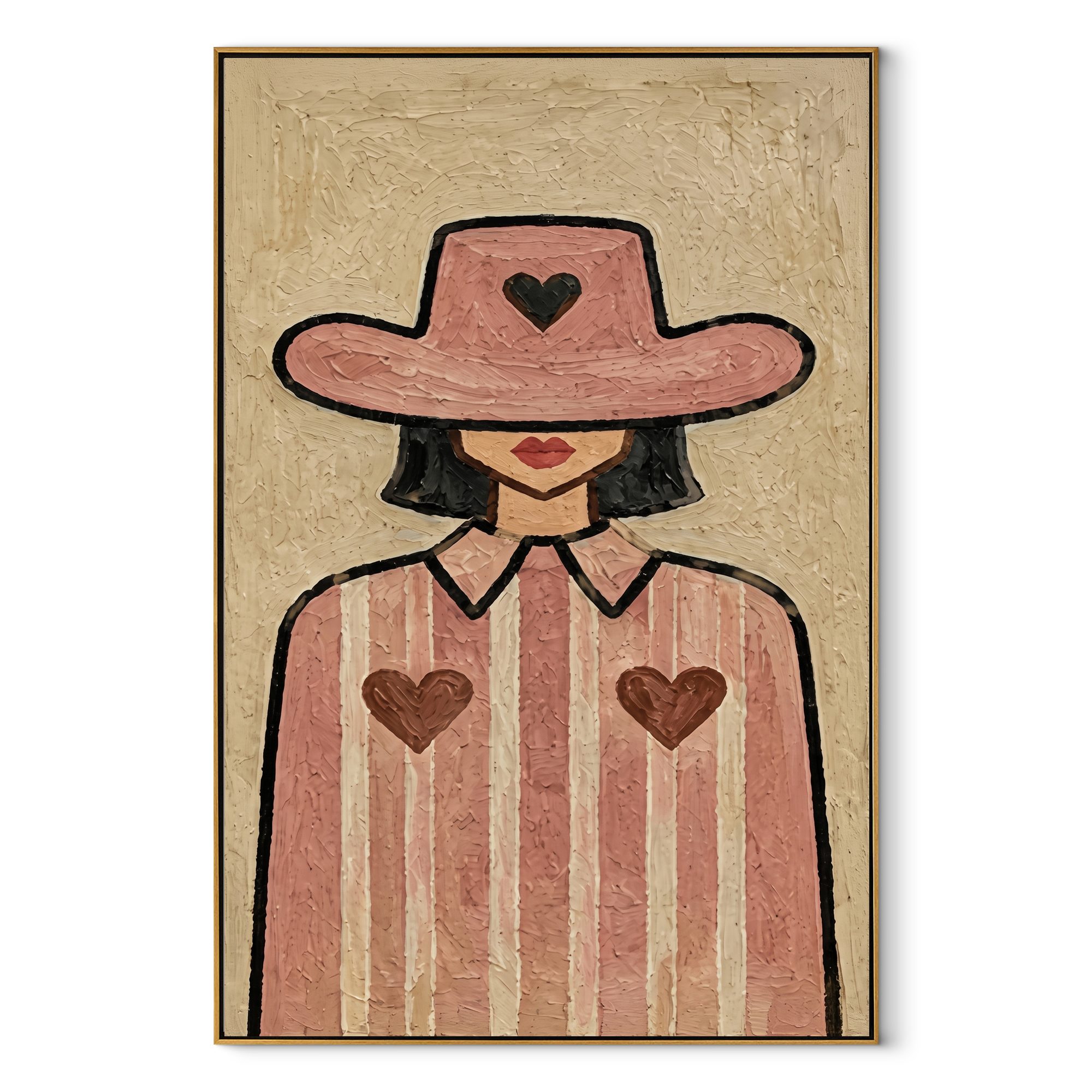 Three Hearts Wear Rose - cowgirl heart portrait painting by Marcus Lau, retro modern vertical wall art – wood frame on white background