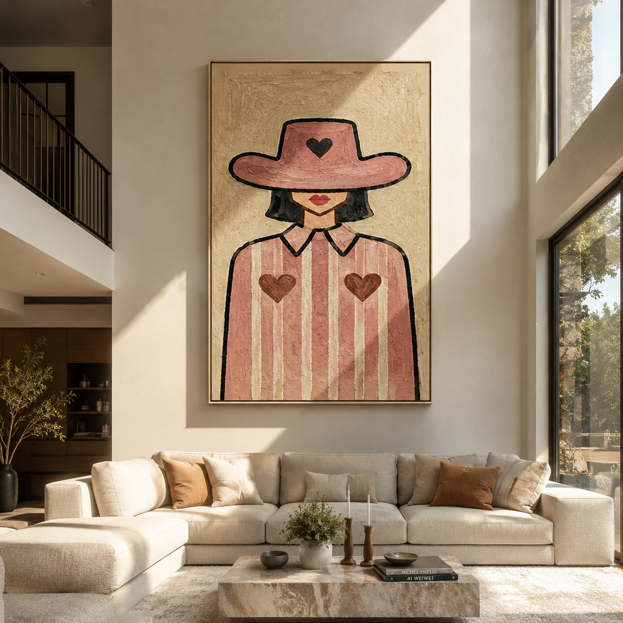 Three Hearts Wear Rose - cowgirl heart portrait painting by Marcus Lau, retro modern vertical wall art – styled room scene view 2