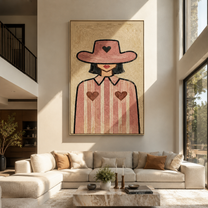 Three Hearts Wear Rose - cowgirl heart portrait painting by Marcus Lau, retro modern vertical wall art – styled room scene view 2