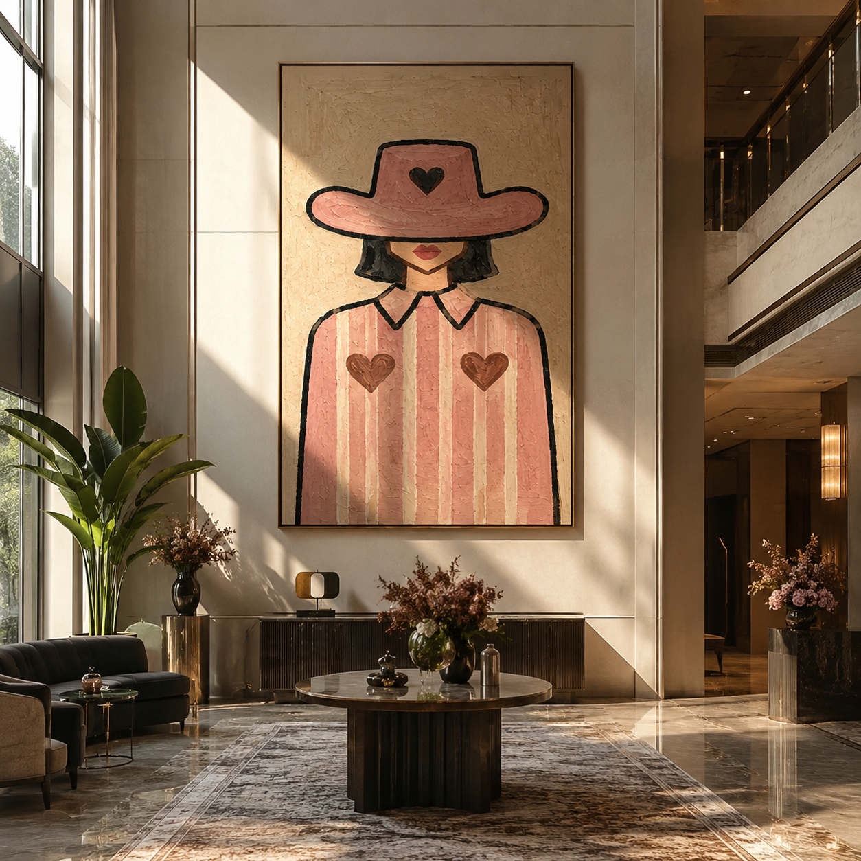 Three Hearts Wear Rose - cowgirl heart portrait painting by Marcus Lau, retro modern vertical wall art – styled room scene view 3