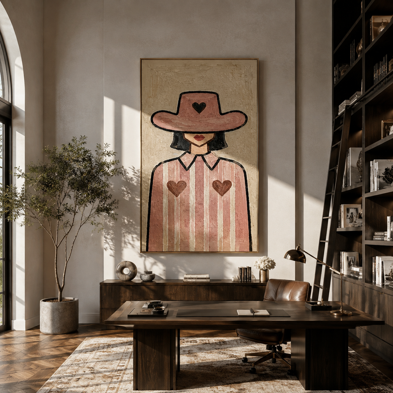 Three Hearts Wear Rose - cowgirl heart portrait painting by Marcus Lau, retro modern vertical wall art – styled room scene view 4