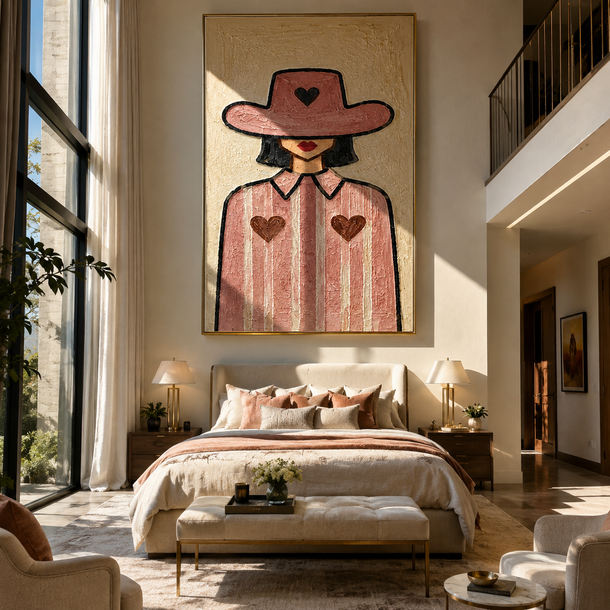 Three Hearts Wear Rose - cowgirl heart portrait painting by Marcus Lau, retro modern vertical wall art – styled room scene view 5
