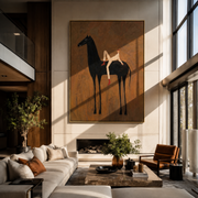 Rider Rests Across Midnight - reclining rider on black horse by Marcus Lau, Retro Modern vertical wall art – styled room scene view 1