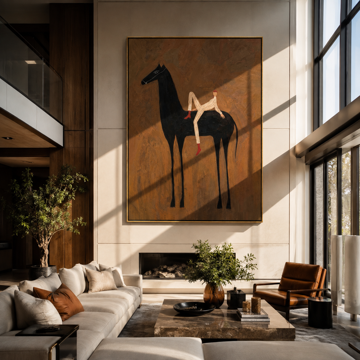 Rider Rests Across Midnight - reclining rider on black horse by Marcus Lau, Retro Modern vertical wall art – styled room scene view 1