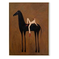 Rider Rests Across Midnight - reclining rider on black horse by Marcus Lau, Retro Modern vertical wall art – wood frame on white background