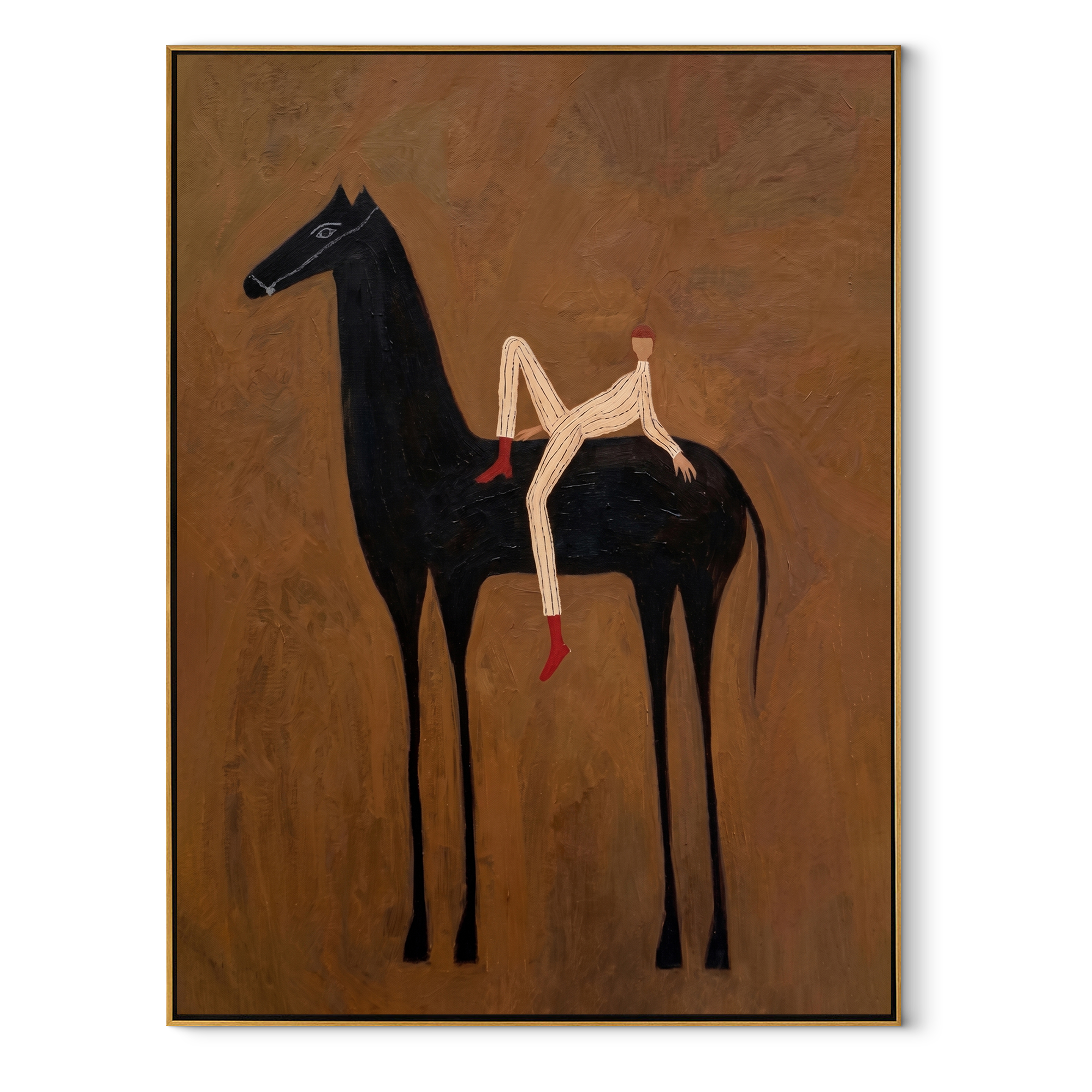 Rider Rests Across Midnight - reclining rider on black horse by Marcus Lau, Retro Modern vertical wall art – wood frame on white background
