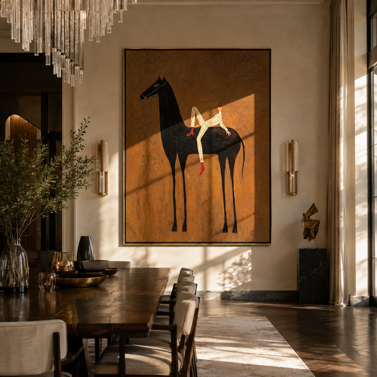 Rider Rests Across Midnight - reclining rider on black horse by Marcus Lau, Retro Modern vertical wall art – styled room scene view 2