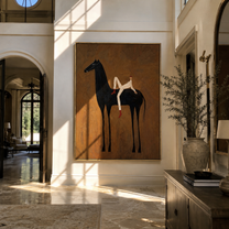 Rider Rests Across Midnight - reclining rider on black horse by Marcus Lau, Retro Modern vertical wall art – styled room scene view 3
