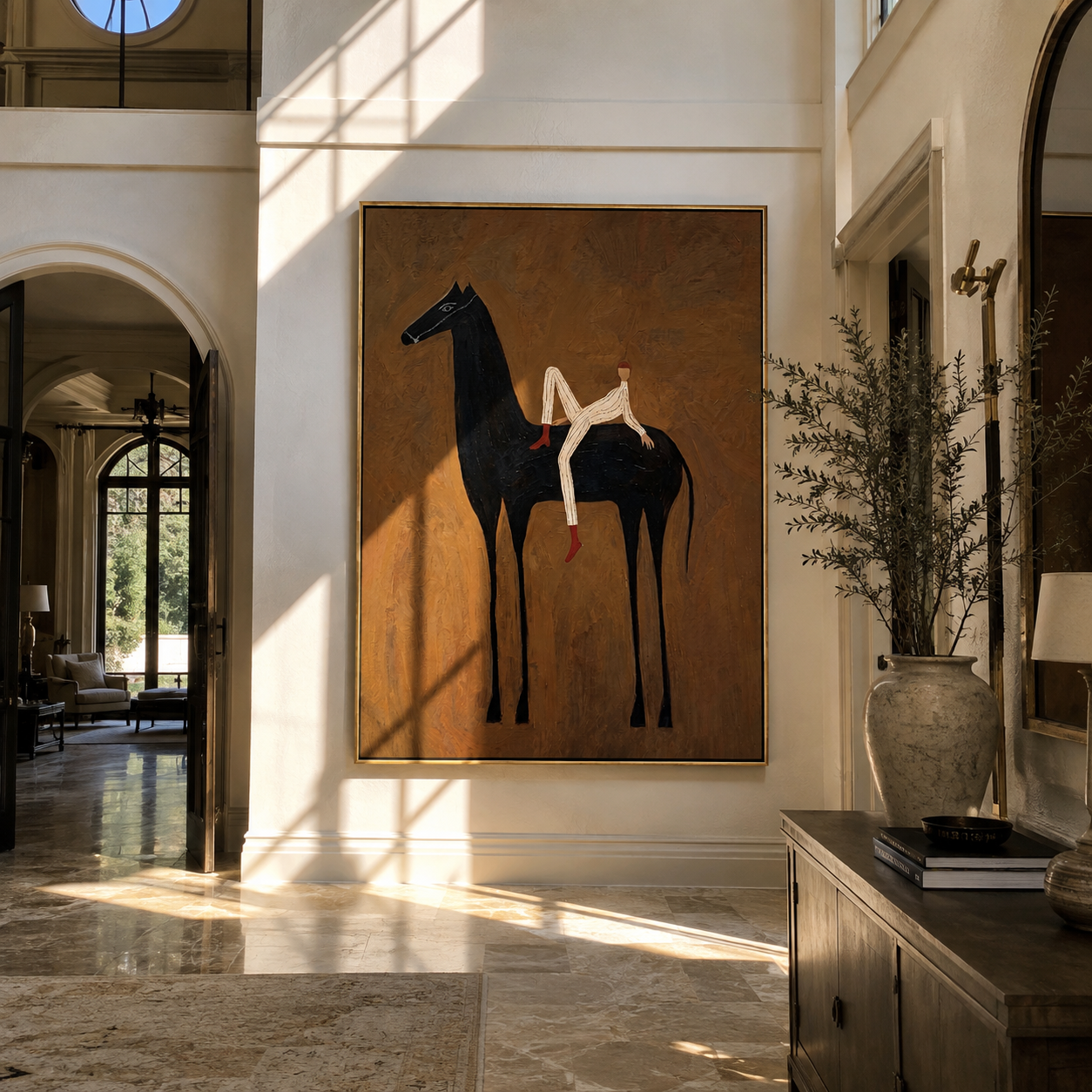 Rider Rests Across Midnight - reclining rider on black horse by Marcus Lau, Retro Modern vertical wall art – styled room scene view 3