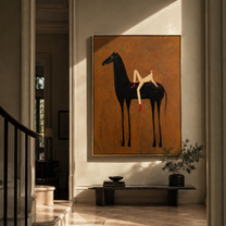 Rider Rests Across Midnight - reclining rider on black horse by Marcus Lau, Retro Modern vertical wall art – styled room scene view 4