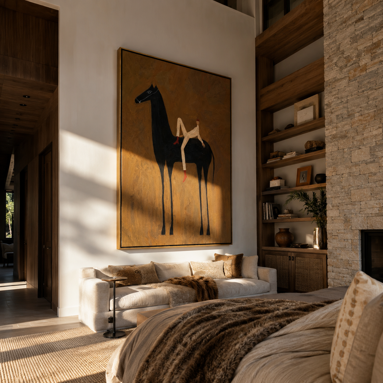 Rider Rests Across Midnight - reclining rider on black horse by Marcus Lau, Retro Modern vertical wall art – styled room scene view 5