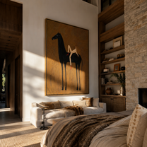 Rider Rests Across Midnight - reclining rider on black horse by Marcus Lau, Retro Modern vertical wall art – styled room scene view 5