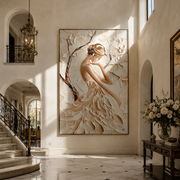 Ivory Petals Shelter Her - sculpted ivory woman by Marcus Lau, Retro Modern vertical wall art – styled room scene view 1
