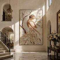 Ivory Petals Shelter Her - sculpted ivory woman by Marcus Lau, Retro Modern vertical wall art – styled room scene view 1