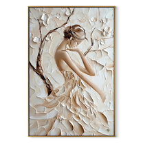 Ivory Petals Shelter Her - sculpted ivory woman by Marcus Lau, Retro Modern vertical wall art – wood frame on white background