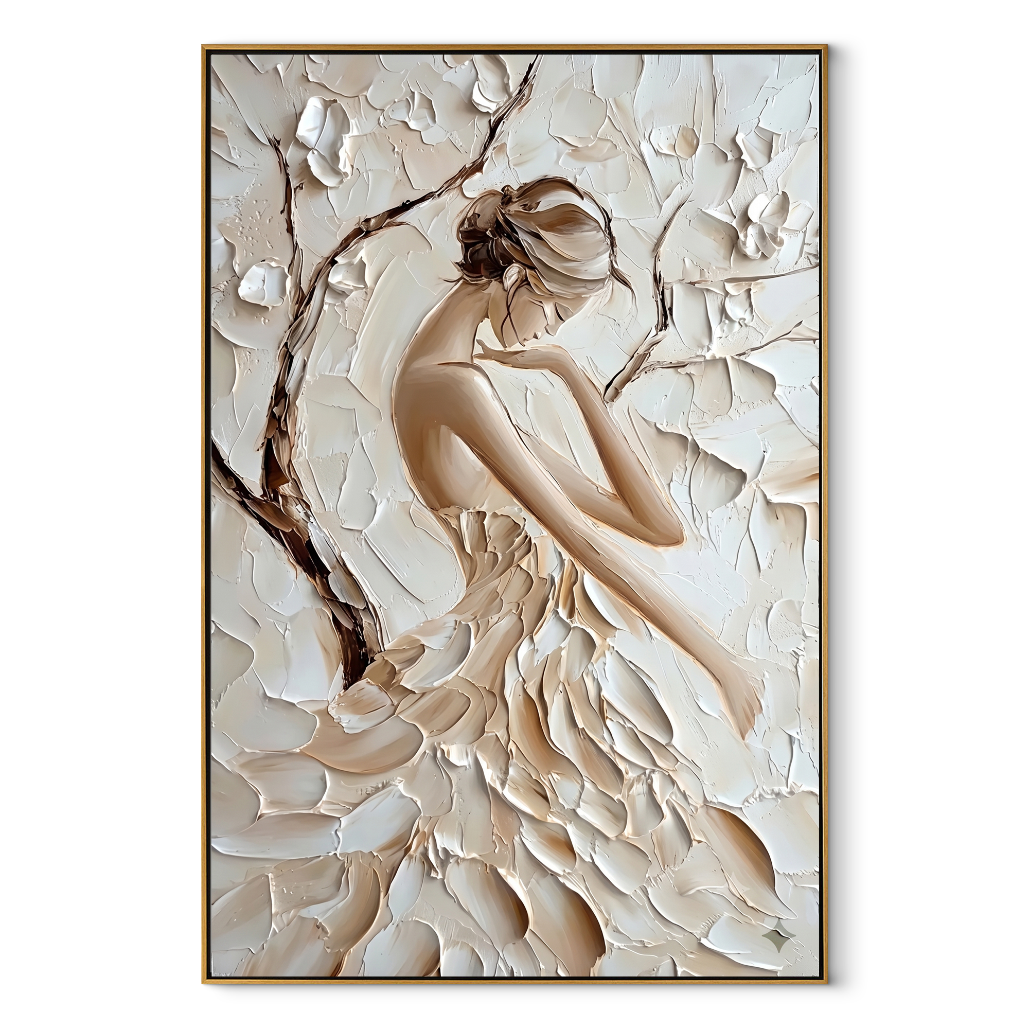 Ivory Petals Shelter Her - sculpted ivory woman by Marcus Lau, Retro Modern vertical wall art – wood frame on white background