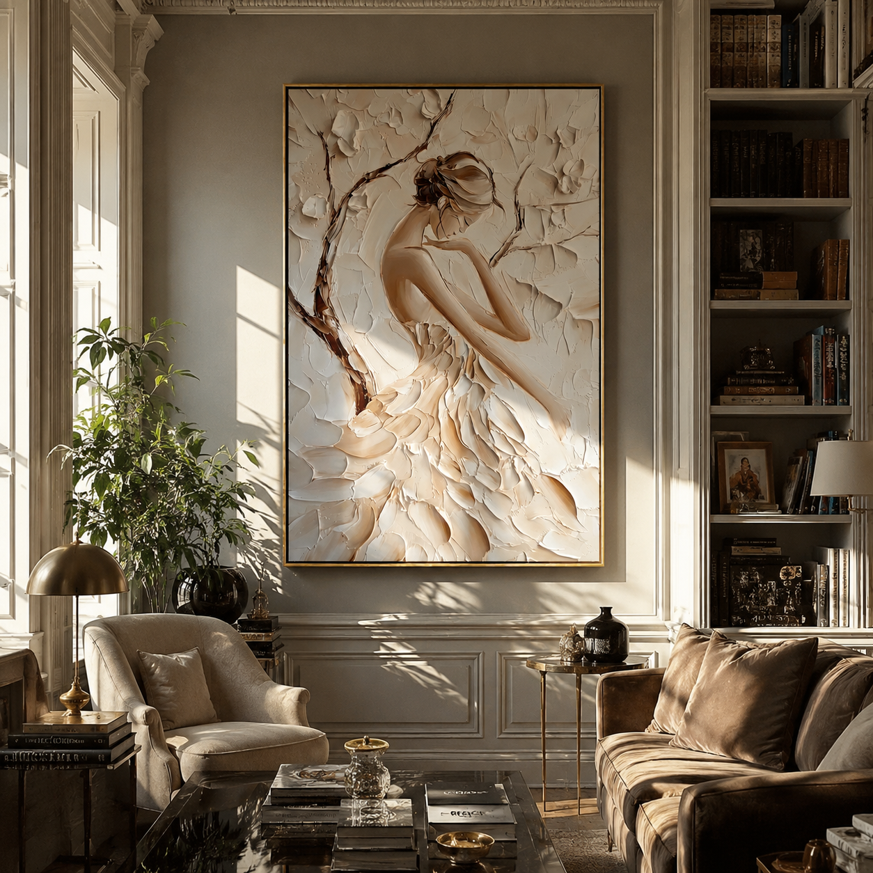 Ivory Petals Shelter Her - sculpted ivory woman by Marcus Lau, Retro Modern vertical wall art – styled room scene view 2