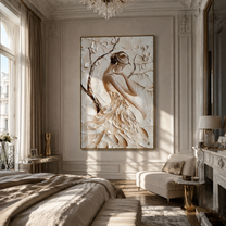 Ivory Petals Shelter Her - sculpted ivory woman by Marcus Lau, Retro Modern vertical wall art – styled room scene view 3