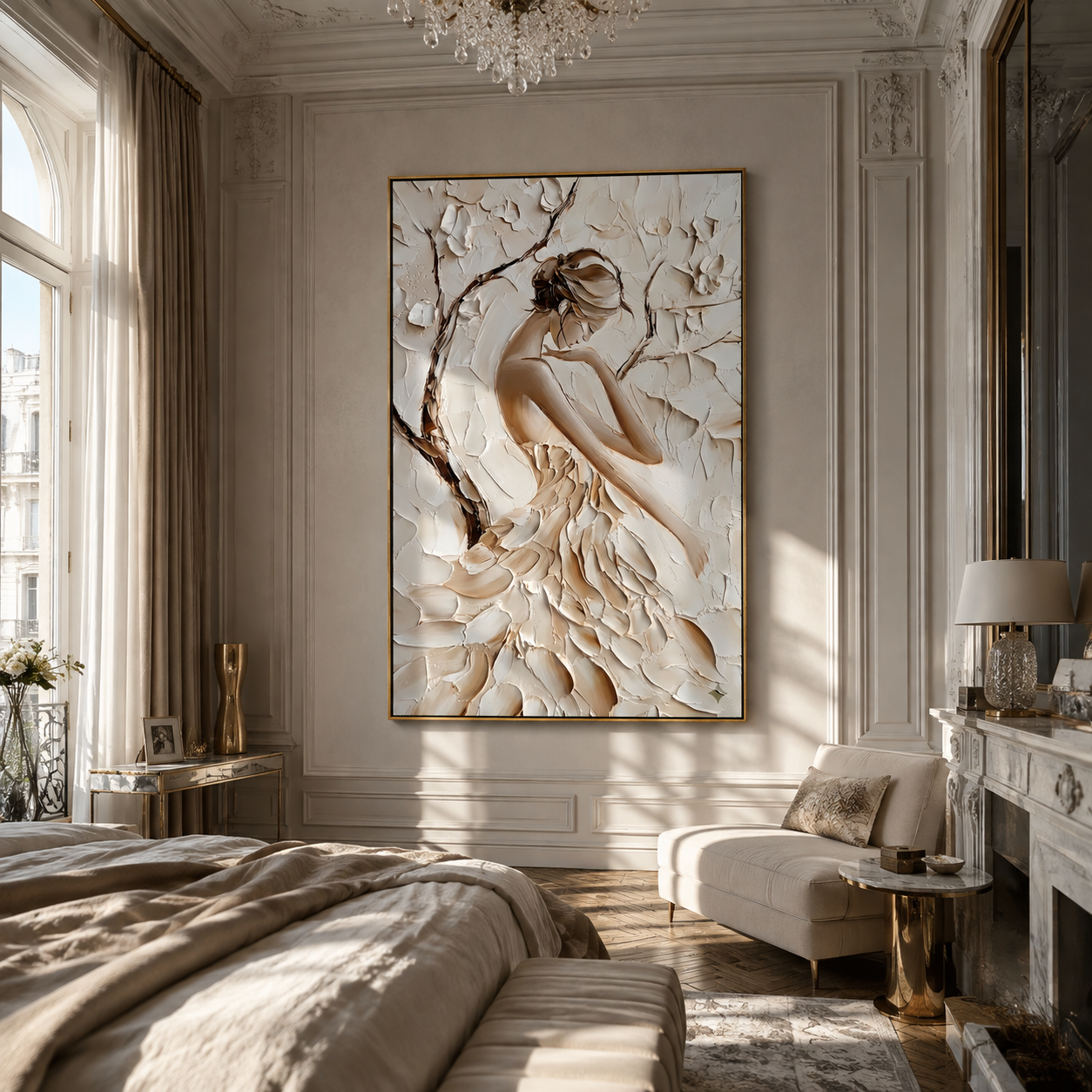 Ivory Petals Shelter Her - sculpted ivory woman by Marcus Lau, Retro Modern vertical wall art – styled room scene view 3