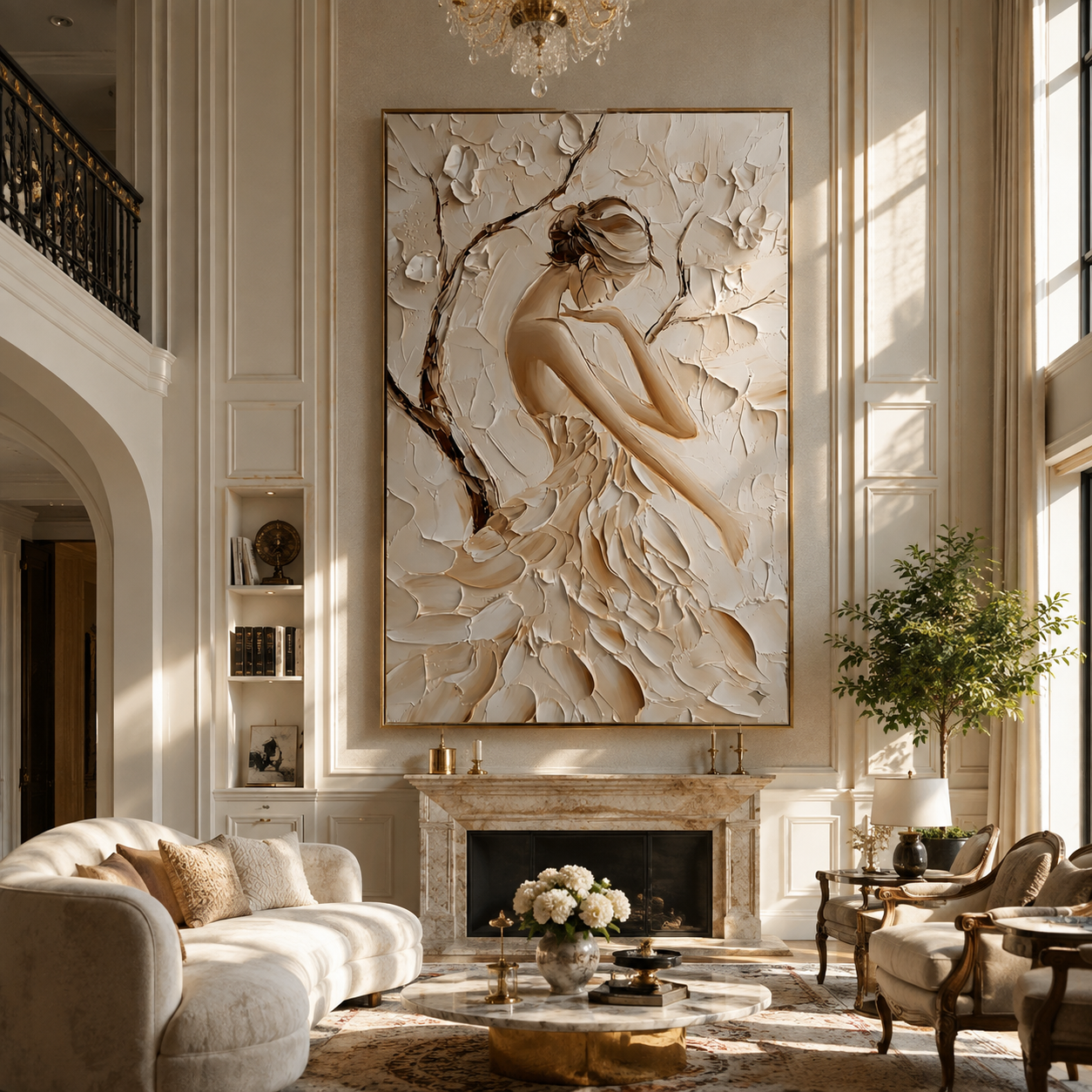 Ivory Petals Shelter Her - sculpted ivory woman by Marcus Lau, Retro Modern vertical wall art – styled room scene view 4
