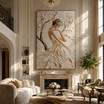 Ivory Petals Shelter Her - sculpted ivory woman by Marcus Lau, Retro Modern vertical wall art – styled room scene view 4