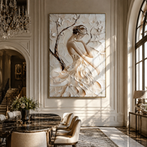 Ivory Petals Shelter Her - sculpted ivory woman by Marcus Lau, Retro Modern vertical wall art – styled room scene view 5