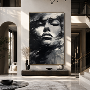 Storm Veils Silent Face - monochrome face in wind by Marcus Lau, Retro Modern vertical wall art – styled room scene view 1