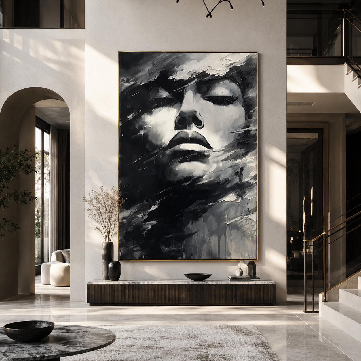 Storm Veils Silent Face - monochrome face in wind by Marcus Lau, Retro Modern vertical wall art – styled room scene view 1