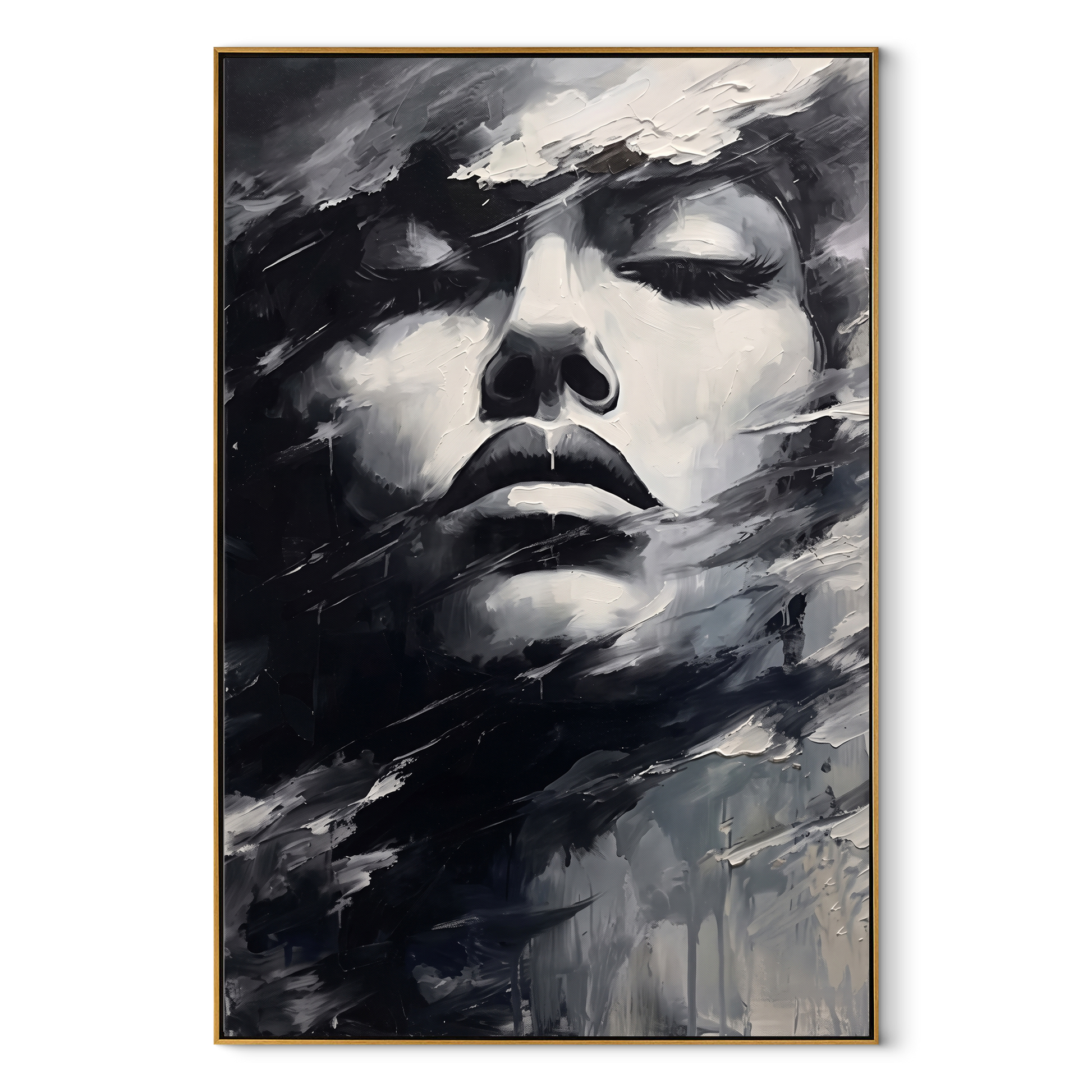 Storm Veils Silent Face - monochrome face in wind by Marcus Lau, Retro Modern vertical wall art – wood frame on white background
