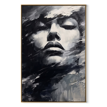 Storm Veils Silent Face - monochrome face in wind by Marcus Lau, Retro Modern vertical wall art – wood frame on white background