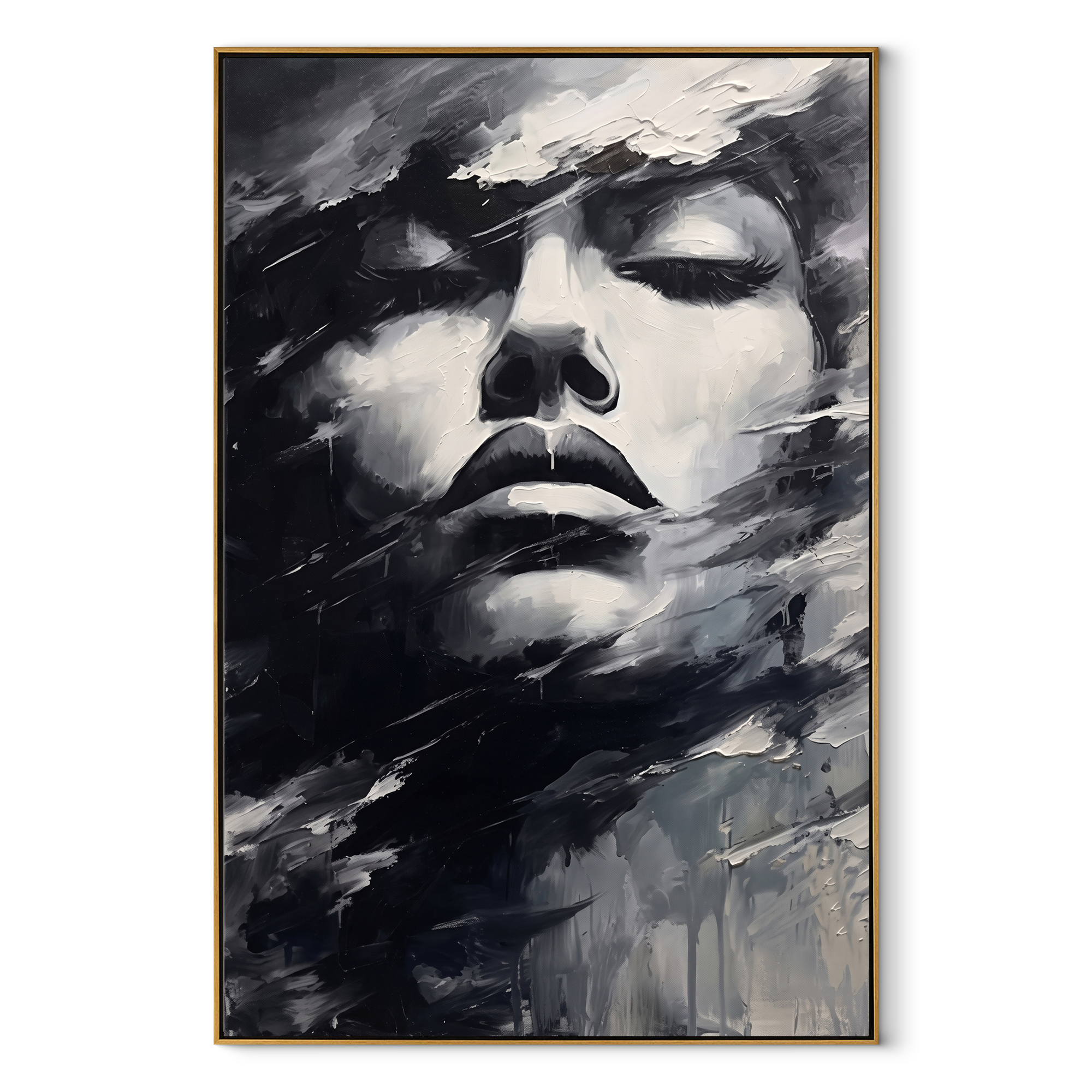 Storm Veils Silent Face - monochrome face in wind by Marcus Lau, Retro Modern vertical wall art – wood frame on white background