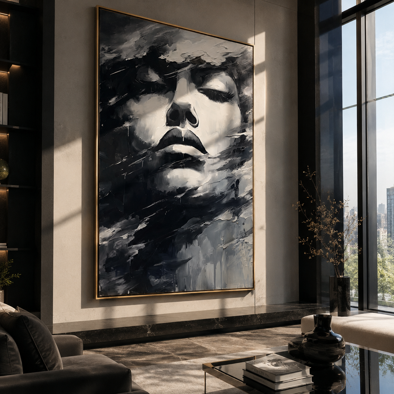 Storm Veils Silent Face - monochrome face in wind by Marcus Lau, Retro Modern vertical wall art – styled room scene view 2