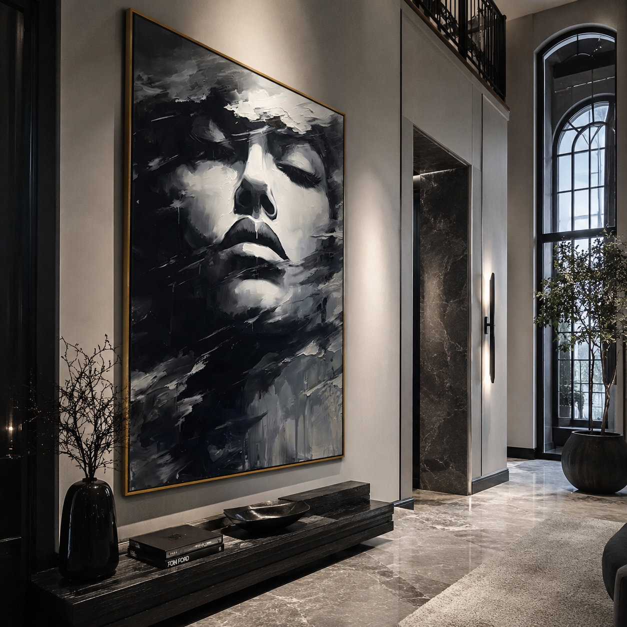 Storm Veils Silent Face - monochrome face in wind by Marcus Lau, Retro Modern vertical wall art – styled room scene view 3