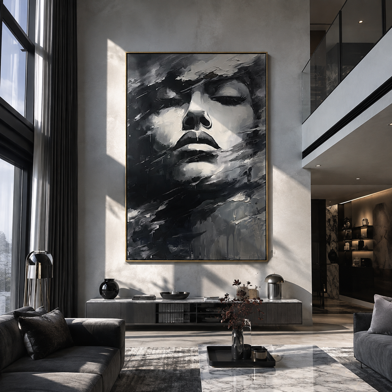 Storm Veils Silent Face - monochrome face in wind by Marcus Lau, Retro Modern vertical wall art – styled room scene view 4