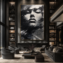 Storm Veils Silent Face - monochrome face in wind by Marcus Lau, Retro Modern vertical wall art – styled room scene view 5