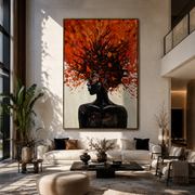 Scarlet Leaves Crown Night - black figure with red leaves by Marcus Lau, Retro Modern vertical wall art – styled room scene view 1