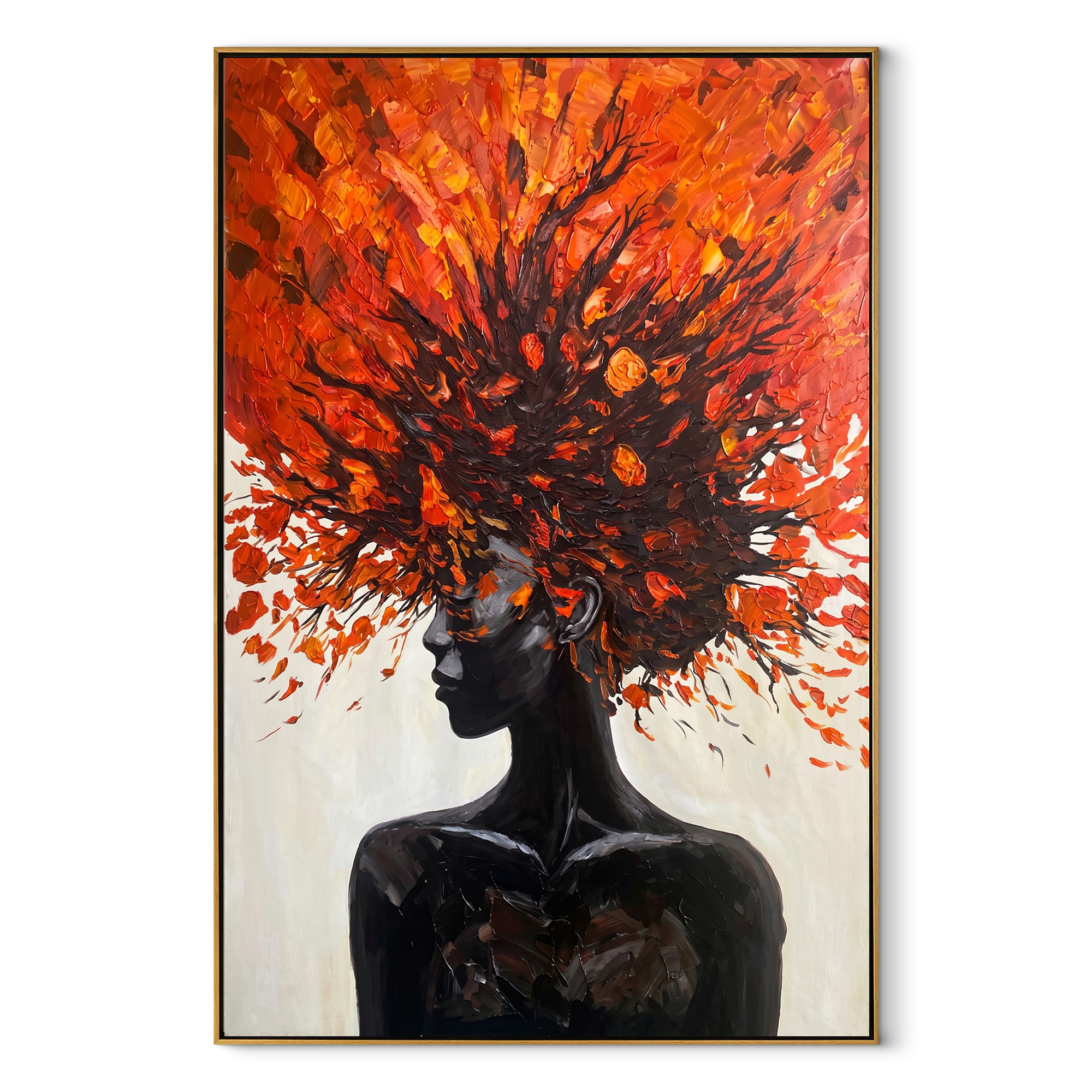 Scarlet Leaves Crown Night - black figure with red leaves by Marcus Lau, Retro Modern vertical wall art – wood frame on white background